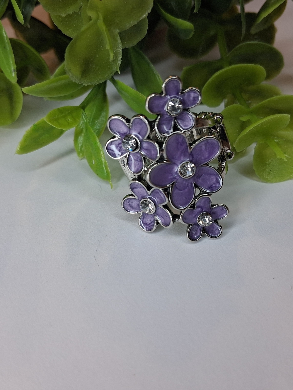 Purple Floral Cluster Ring with Crystal Centers